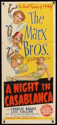 3m349 NIGHT IN CASABLANCA Aust daybill '46 stone litho of Marx Brothers, Groucho, Chico & Harpo!