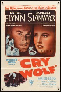 3m073 CRY WOLF 1sh '47 cool close image of Errol Flynn & Barbara Stanwyck!