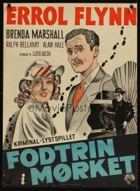 3m229 FOOTSTEPS IN THE DARK Danish '41 cool mystery art of Errol Flynn & Brenda Marshall!