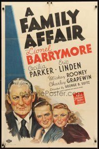 3m077 FAMILY AFFAIR 1sh '37 art of Lionel Barrymore as Judge Hardy, first Andy Hardy!