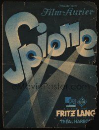 3m364 SPIES German program cover '28 Fritz Lang's classic spy movie from Thea von Harbou's novel!