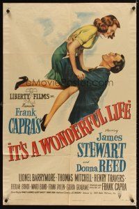 3m084 IT'S A WONDERFUL LIFE 1sh '46 wonderful art of James Stewart & Donna Reed in Capra classic!