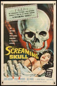 3m102 SCREAMING SKULL 1sh '58 great horror art of huge skull & sexy girl grabbed by skeleton hand!