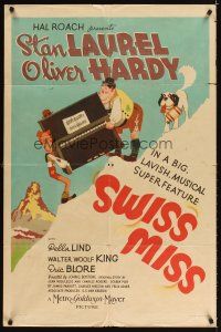 3m105 SWISS MISS style D 1sh '38 Hirschfeld art of Stan Laurel & Oliver Hardy with piano in Alps!