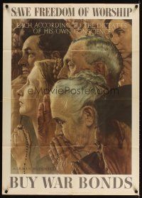 3m002 FREEDOM OF WORSHIP 28x40 Four Freedoms poster '43 Norman Rockwell art, different faiths pray!