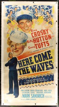 3p228 HERE COME THE WAVES linen 3sh '44 art of Navy sailor Bing Crosby & winking Betty Hutton!