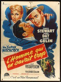 3p066 MAN WHO KNEW TOO MUCH French 1p R50s Hitchcock, art of Jimmy Stewart & Doris Day by Grinsson!