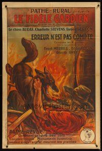 3p057 KING OF THE PACK/UNKNOWN DANGERS French 31x47 '20s great art of dog attacking man by fire!