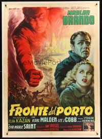 3p267 ON THE WATERFRONT linen Italian 1p '54 Kazan, different art of Brando & Saint by Ballester!