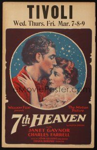 3p034 7TH HEAVEN WC '27 romantic stone litho of Charles Farrell kissing Janet Gaynor's forehead!