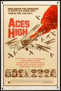 3t046 ACES HIGH 1sh '77 Malcolm McDowell, really cool WWI airplane dogfight art!