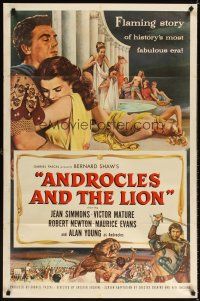 3t066 ANDROCLES & THE LION 1sh '52 artwork of Victor Mature holding Jean Simmons!