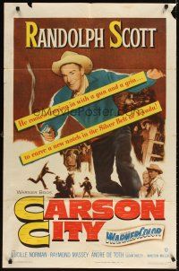 3t218 CARSON CITY 1sh '52 Randolph Scott in Nevada with a gun and a grin!