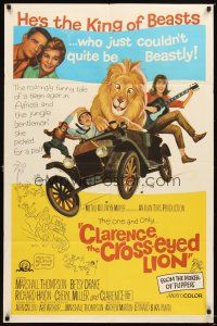 3t240 CLARENCE THE CROSS-EYED LION 1sh '65 Africa safari, wacky art of cross-eyed lion driving!