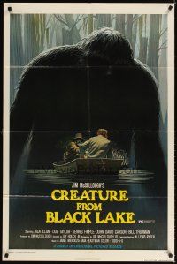 3t264 CREATURE FROM BLACK LAKE 1sh '76 cool art of monster looming over guys in boat by McQuarrie!