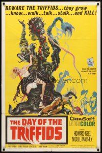 3t290 DAY OF THE TRIFFIDS 1sh '62 classic English sci-fi horror, cool art of monster with girl!