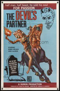 3t326 DEVIL'S PARTNER 1sh '61 great artwork of Jean Allison riding centaur man, black magic!