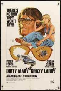 3t334 DIRTY MARY CRAZY LARRY 1sh '74 art of Peter Fonda & sexy Susan George sucking on popsicle!