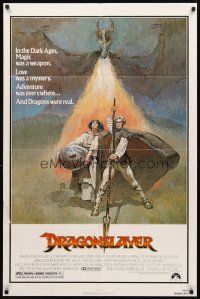 3t361 DRAGONSLAYER 1sh '81 cool Jeff Jones fantasy artwork of Peter MacNicol w/spear, dragon!