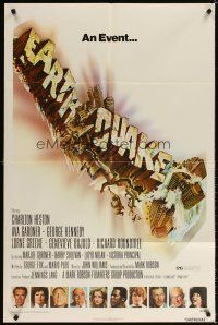 3t369 EARTHQUAKE 1sh '74 Charlton Heston, Ava Gardner, cool Joseph Smith disaster title art!