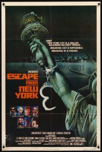 3t391 ESCAPE FROM NEW YORK advance 1sh '81 John Carpenter, art of handcuffed Lady Liberty by Watts!