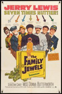 3t409 FAMILY JEWELS 1sh '65 Jerry Lewis is seven times nuttier in seven roles, wacky art!