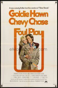 3t440 FOUL PLAY 1sh '78 wacky Lettick art of Goldie Hawn & Chevy Chase, screwball comedy!