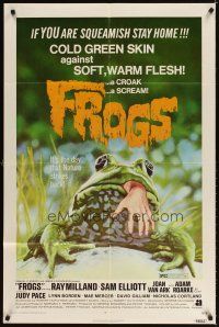 3t450 FROGS 1sh '72 great horror art of man-eating amphibian with human hand hanging from mouth!