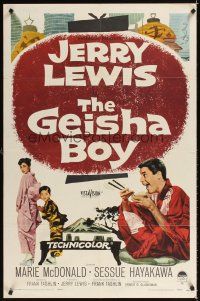 3t464 GEISHA BOY 1sh '58 screwy Jerry Lewis visits Japan, cool paper lantern art!