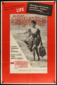 3t470 GIRL WITH A SUITCASE 1sh '60 sexiest Claudia Cardinale walking on beach in low-cut dress!