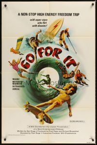 3t474 GO FOR IT 1sh '76 surfing, snow skiing, skateboarding, extreme sports art!
