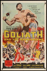 3t479 GOLIATH & THE BARBARIANS 1sh '59 art of Steve Reeves protecting Chelo Alonso!