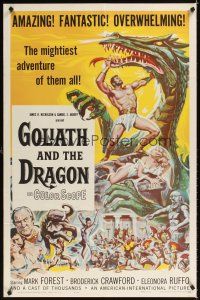3t480 GOLIATH & THE DRAGON 1sh '60 cool fantasy art of Mark Forest battling the giant beast!