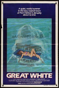 3t490 GREAT WHITE style A 1sh '82 great artwork of huge shark attacking girl in bikini on raft!