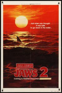 3t579 JAWS 2 style B teaser 1sh '78 classic art of man-eating shark's fin in red water at sunset!