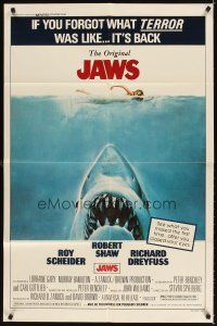 3t577 JAWS 1sh R79 art of Steven Spielberg's classic man-eating shark attacking nude swimmer!