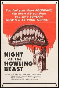 3t710 NIGHT OF THE HOWLING BEAST 1sh '77 Paul Naschy, art of bloody teeth & sexy girls in bondage!