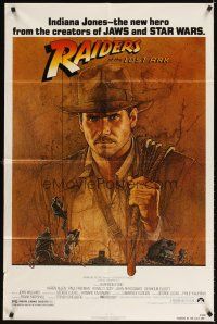 3t780 RAIDERS OF THE LOST ARK 1sh '81 great art of adventurer Harrison Ford by Amsel!