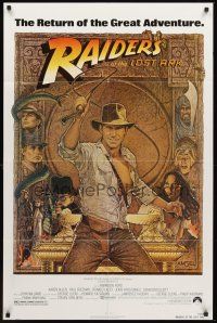 3t781 RAIDERS OF THE LOST ARK 1sh R82 great art of adventurer Harrison Ford by Richard Amsel!