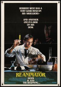 3t786 RE-ANIMATOR 1sh '85 great image of mad scientist with severed head in bowl!