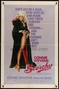 3t818 SCORCHY 1sh '76 full-length art of sexiest barely-dressed Connie Stevens in black cape!