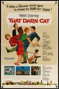 3t905 THAT DARN CAT style A 1sh '65 great art of Hayley Mills & Disney Siamese feline!