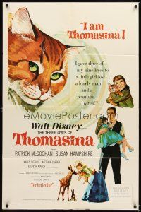 3t925 THREE LIVES OF THOMASINA 1sh '64 Walt Disney, great art of winking & smiling cat!
