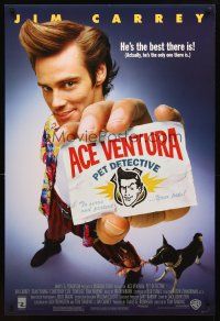3z015 ACE VENTURA PET DETECTIVE 1sh '94 Jim Carrey tries to find Miami Dolphins mascot!