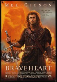 3z097 BRAVEHEART advance DS 1sh '95 cool image of Mel Gibson as William Wallace!