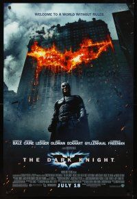 3z166 DARK KNIGHT advance DS 1sh '08 Christian Bale as Batman in front of flaming building!