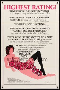 3z196 DIVERSIONS 1sh '76 x-rated, cool sexy art design of title over nude woman!