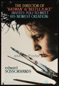 3z213 EDWARD SCISSORHANDS 1sh '90 Tim Burton classic, best close up of scarred Johnny Depp!
