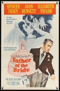3z249 FATHER OF THE BRIDE 1sh R62 art of Liz Taylor in wedding gown & broke Spencer Tracy!