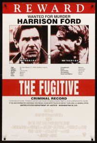 3z278 FUGITIVE recalled int'l 1sh '93 Harrison Ford is on the run, cool wanted poster!